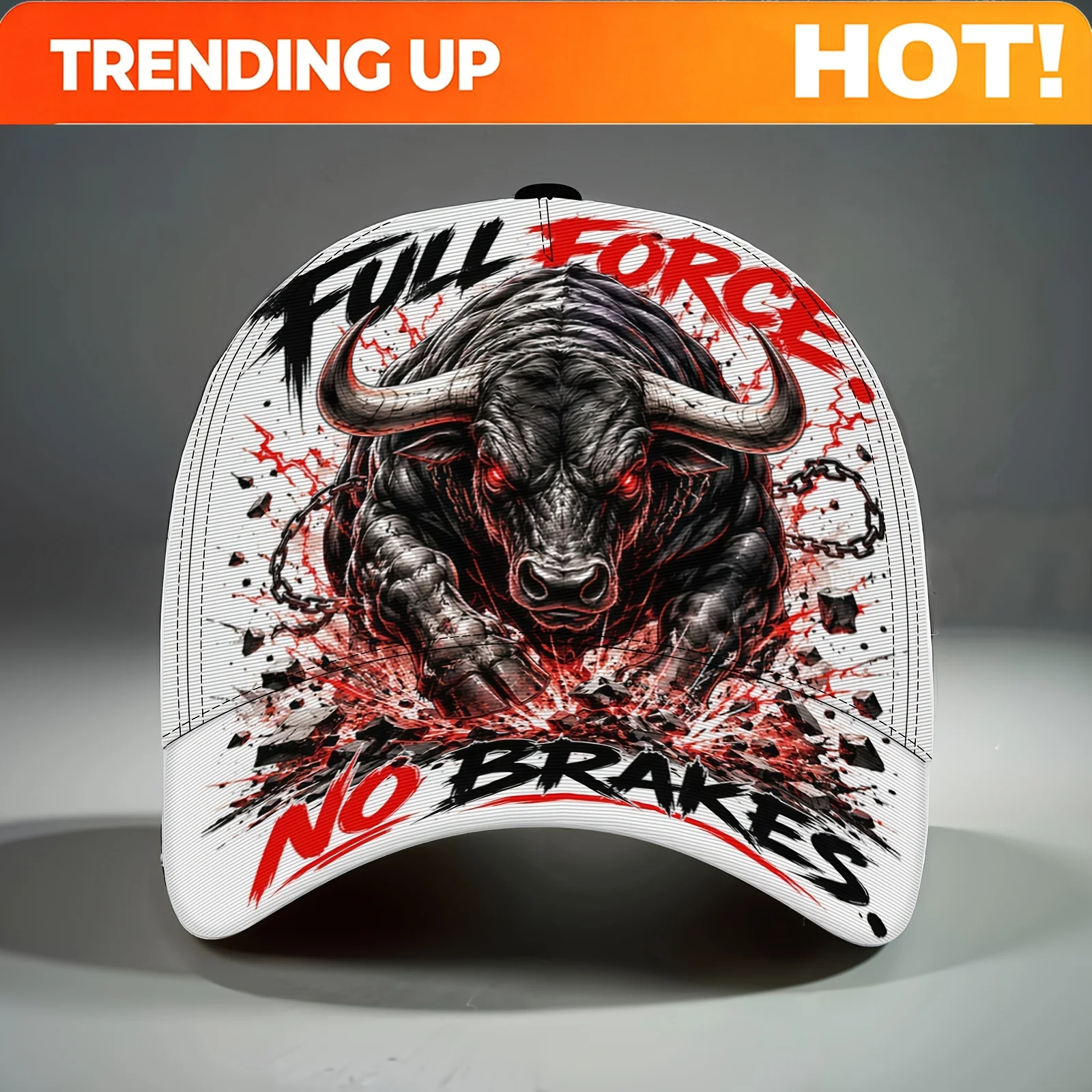 Custom 1pc Full Force No Brakes Bull Graphic Cap Unisex Lightweight Versatile Baseball Cap, Street & Outdoor, Breathable Adjusta