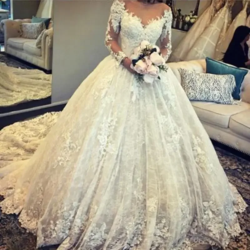 

Customized Newest Appliqued Lace Plus Size Customized Vestido De Noiva Puffy Ball Gown Long Sleeve Lace Wedding Dresses