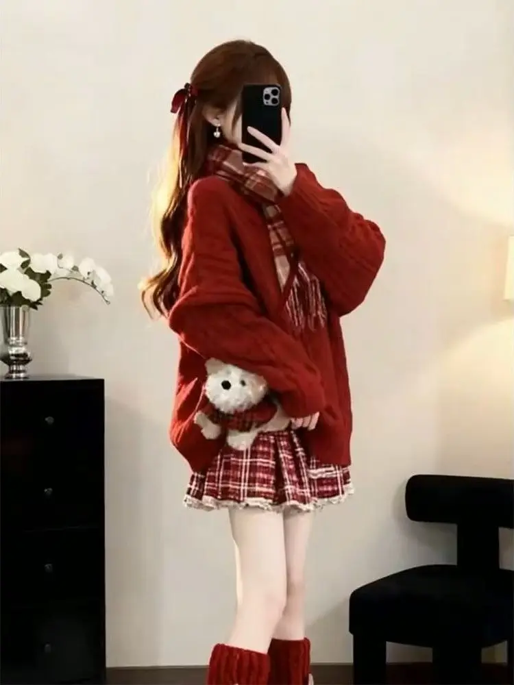 

Cute Japanese Style Plaid Ruffle Skirt And Red Knit Sweater Two Piece Set College Style Winter Fashion Women's Ensemble