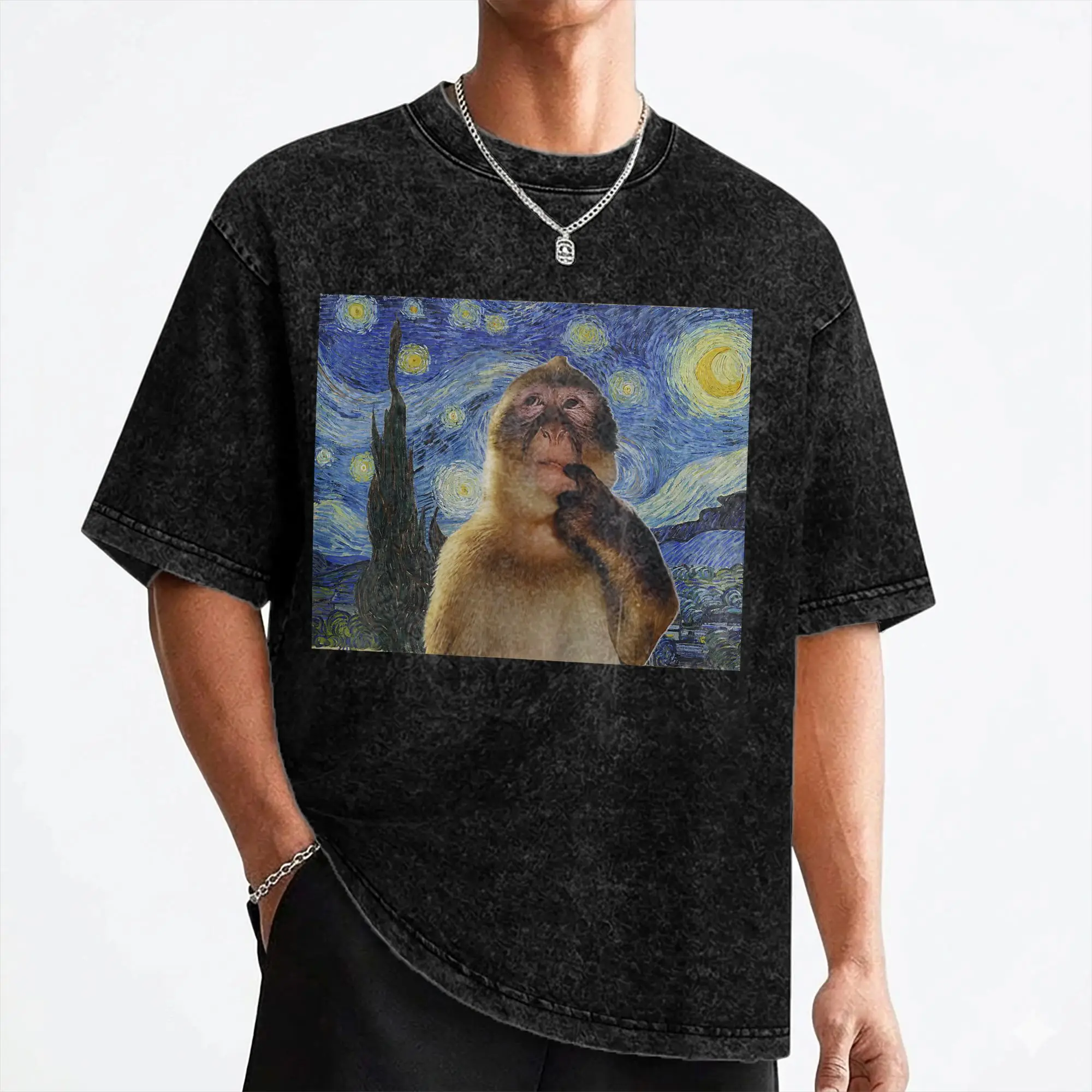 Monkey Thinking Funny Starry Night Monkey Meme T Shirts Washed 100% Cotton T-Shirts Men Women Streetwear Summer Tee Shirt