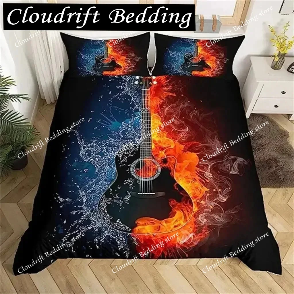 

Комплект постельного белья с 3D-принтом в стиле рок-музыки: красочный пододеяльник с гитарой, огненными и водными узорами, модный комплект из микрофибры и полиэстера для мальчиков, подарок
