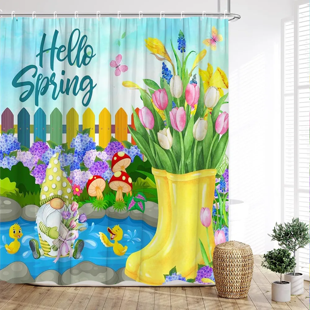 Spring Elf Shower Curtain, Gnome Egg Plant Sunflower Flower Farm Plank Cartoon Cute Print Family Bathroom Decor with Hooks