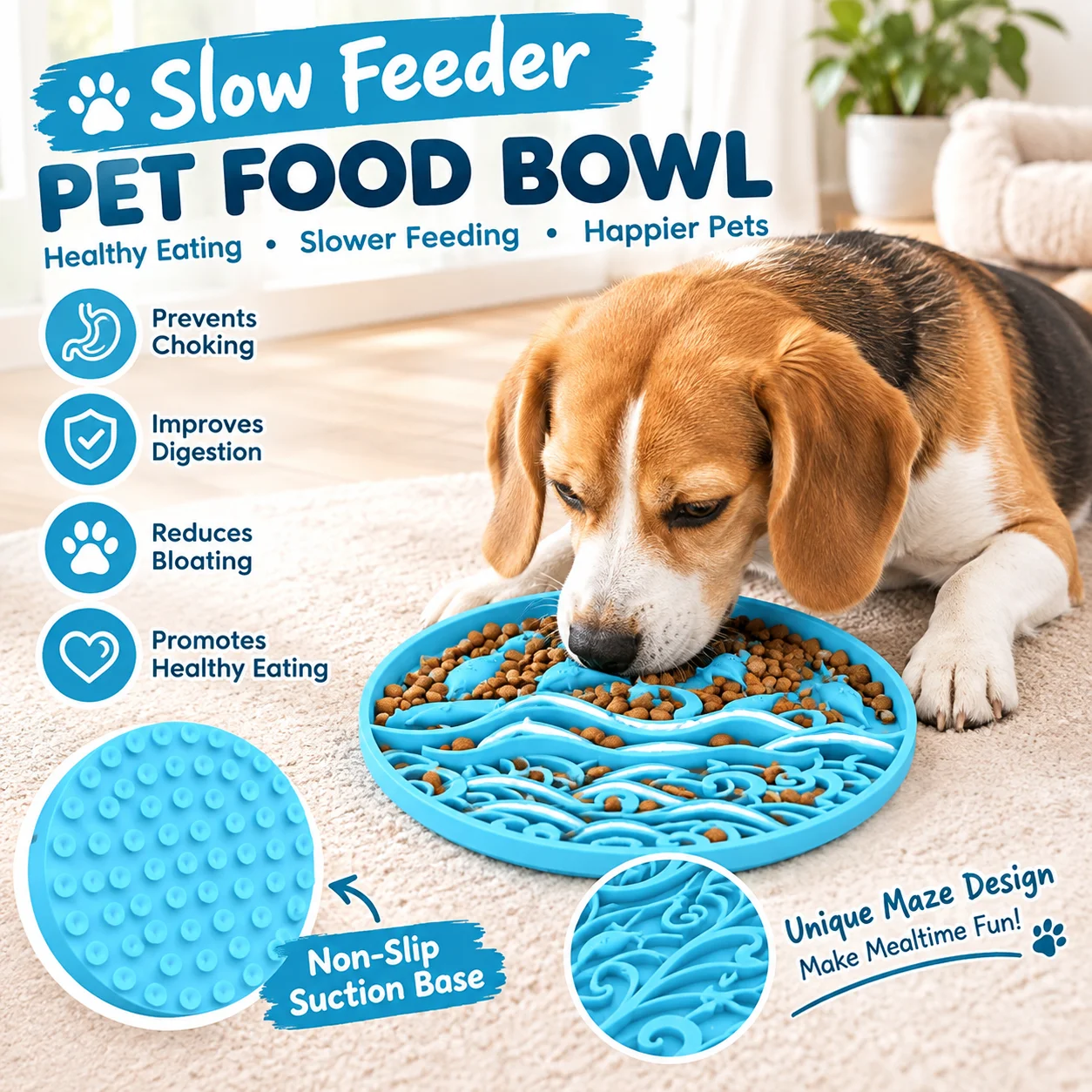 Slow Feeder Dog Bowl, Interactive Puzzle Slow Eating Pet Food Bowl with Maze Design, Anti-Choking Non-Slip Bowl for Dogs & Cats