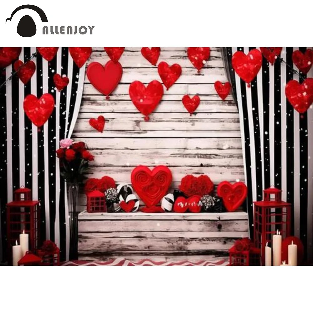 Allenjoy Valentine's Day Photo Booth Backdrop Romantic Red Hearts Roses Wooden Wall Photography Backdrop Photo Background