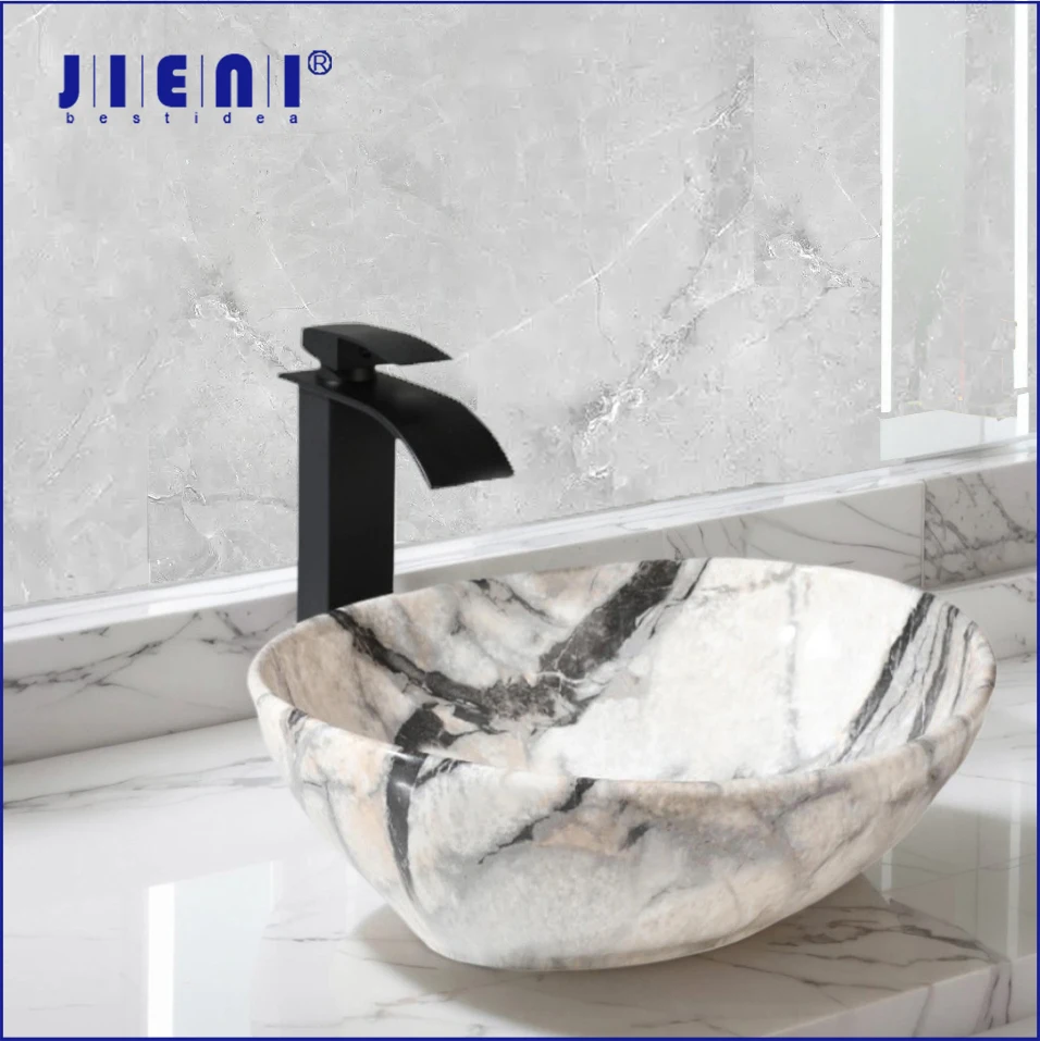 

JIENI Bathroom White Marble Style Vessel Sink Set Oval Ceramic Basin Bowl Sink Black Faucets High-end European Modern Washbasin
