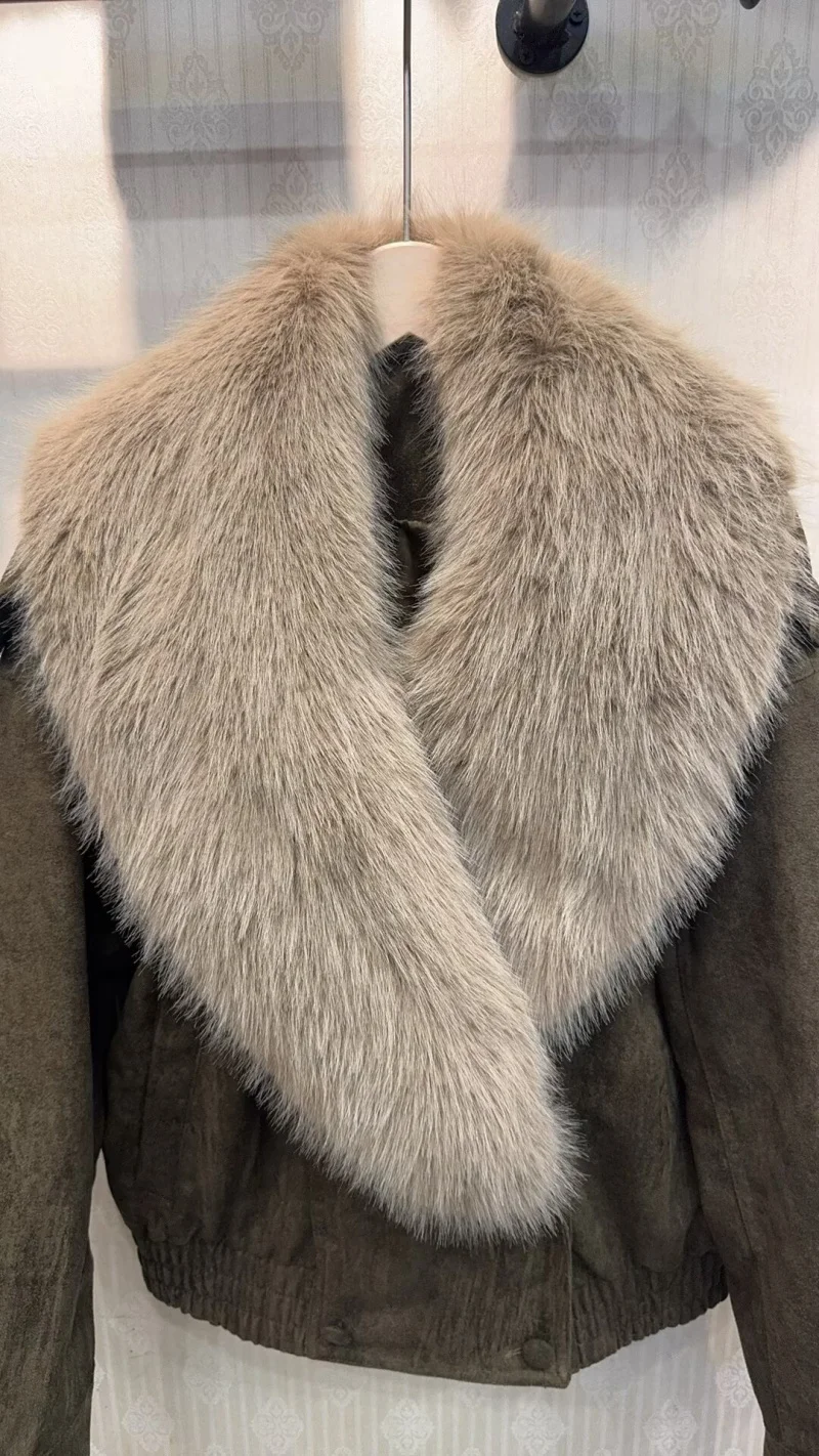 سترة نسائية شتوية جديدة ETJ 2025 قابلة للفصل من الجلد الصناعي مع ياقة كبيرة من الفرو وسترة فضفاضة من جلد الغزال