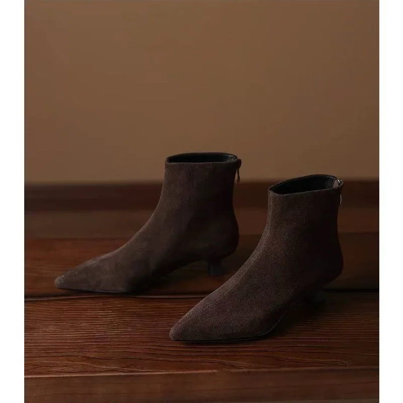 Booties Fall 2025 New Skinny Boots Pointed Toe Stiletto Heel French Pointed Toe Scrub Leather Boots for Women