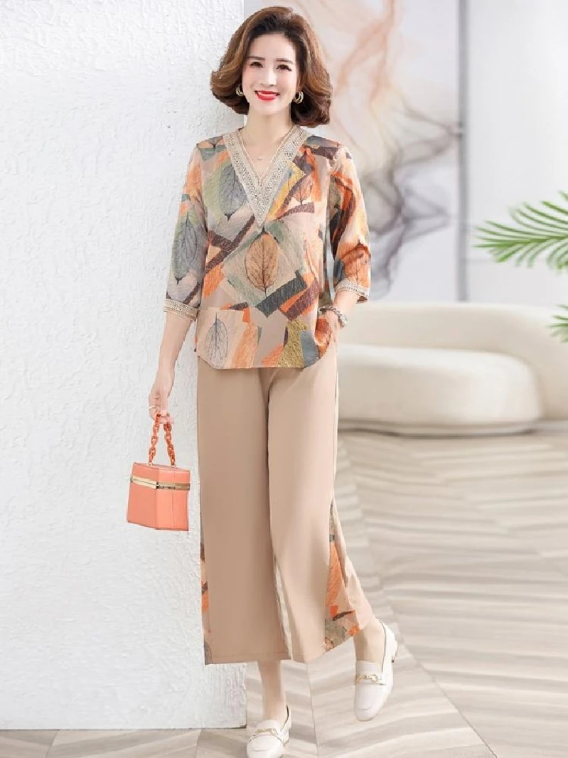 Estate New Sle Mommy Set in due pezzi Gonna midi e camicetta V-Ne Casual Loose Fit Regular Sve Lunghezza Modello vintage