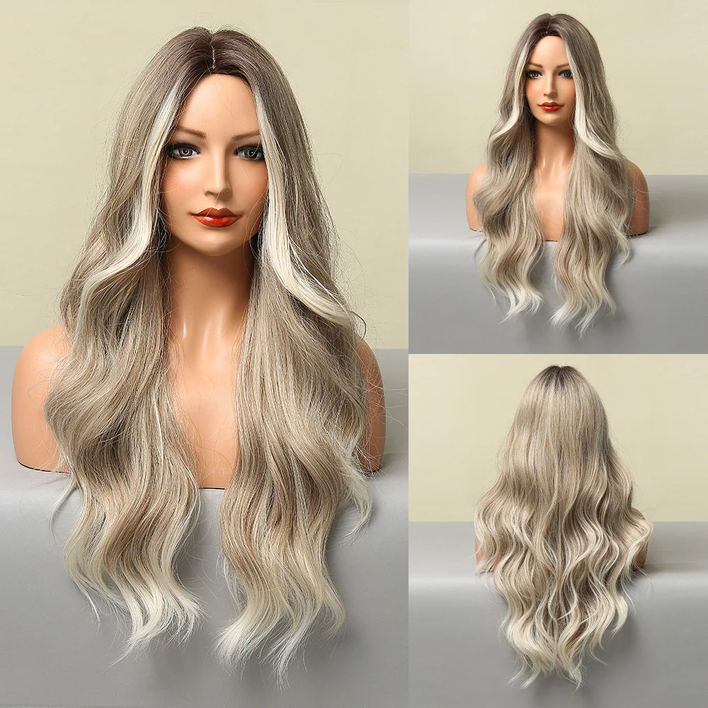 

European and American fashion medium-point big wave light and natural mixed color light gray full head wig female wigs