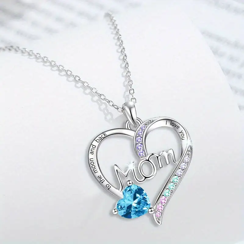 I Love You Mom Heart Pendant Necklace With Acrylic Decoration, Alloy Chain, White K Plating, Fashion Jewelry Gift For Women
