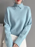 Polo Collar Knitted Sweater 2025 New Autumn Winter Women Elegant Solid Color Sweater Female Soft Pullover Casual Bottom Shirt 2