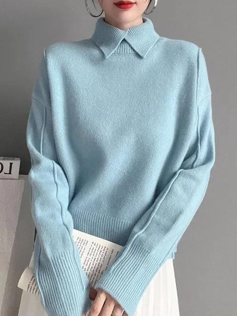 Polo Collar Knitted Sweater Autumn Winter Women Elegant Solid Color Sweater – view 2