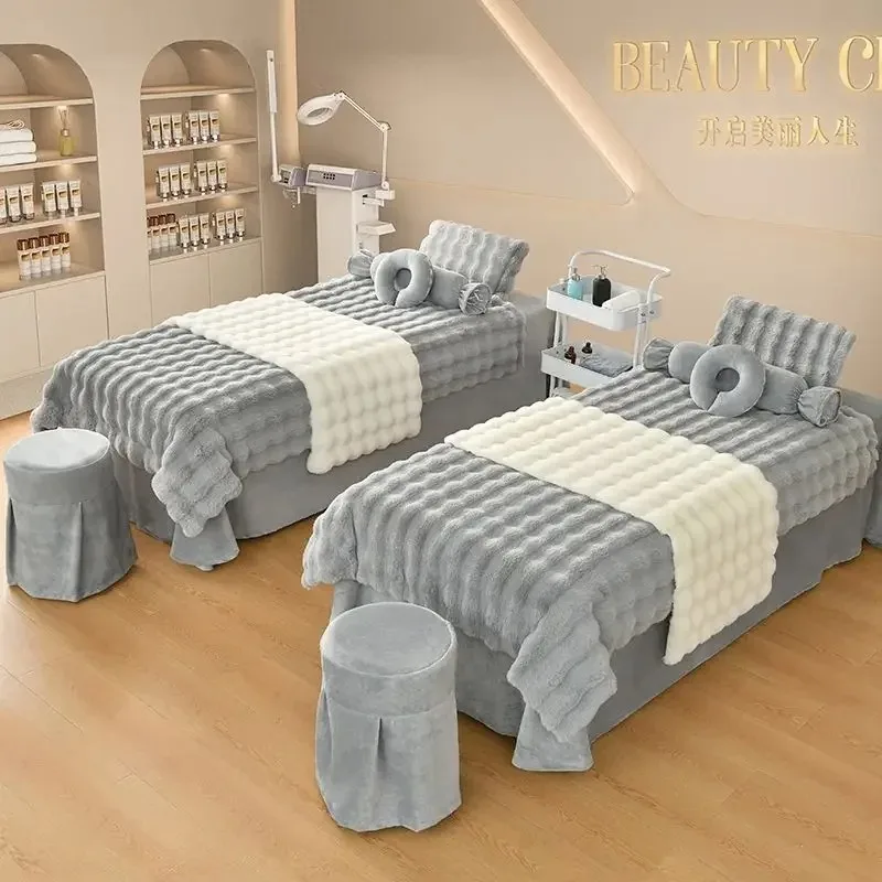 Bed Cover Set, Soft Bubble Massage Spa Bedskirt, Dulvet Cover, Pillowcase, Stool Cover, Salon Bedding Sets, 4Pcs