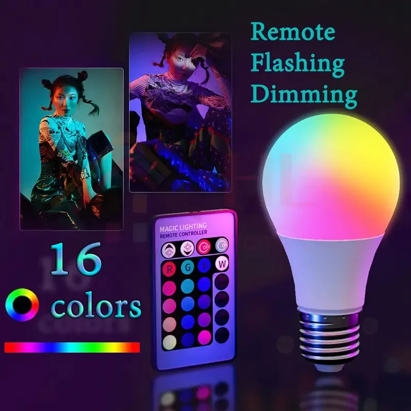 16 สี RGB หลอดไฟ led หลอดไฟหลากสี E27 หรี่แสงได้ 24 คีย์ IR รีโมทคอนโทรลสมาร์ทโคมไฟบรรยากาศแสง 220V นีออน