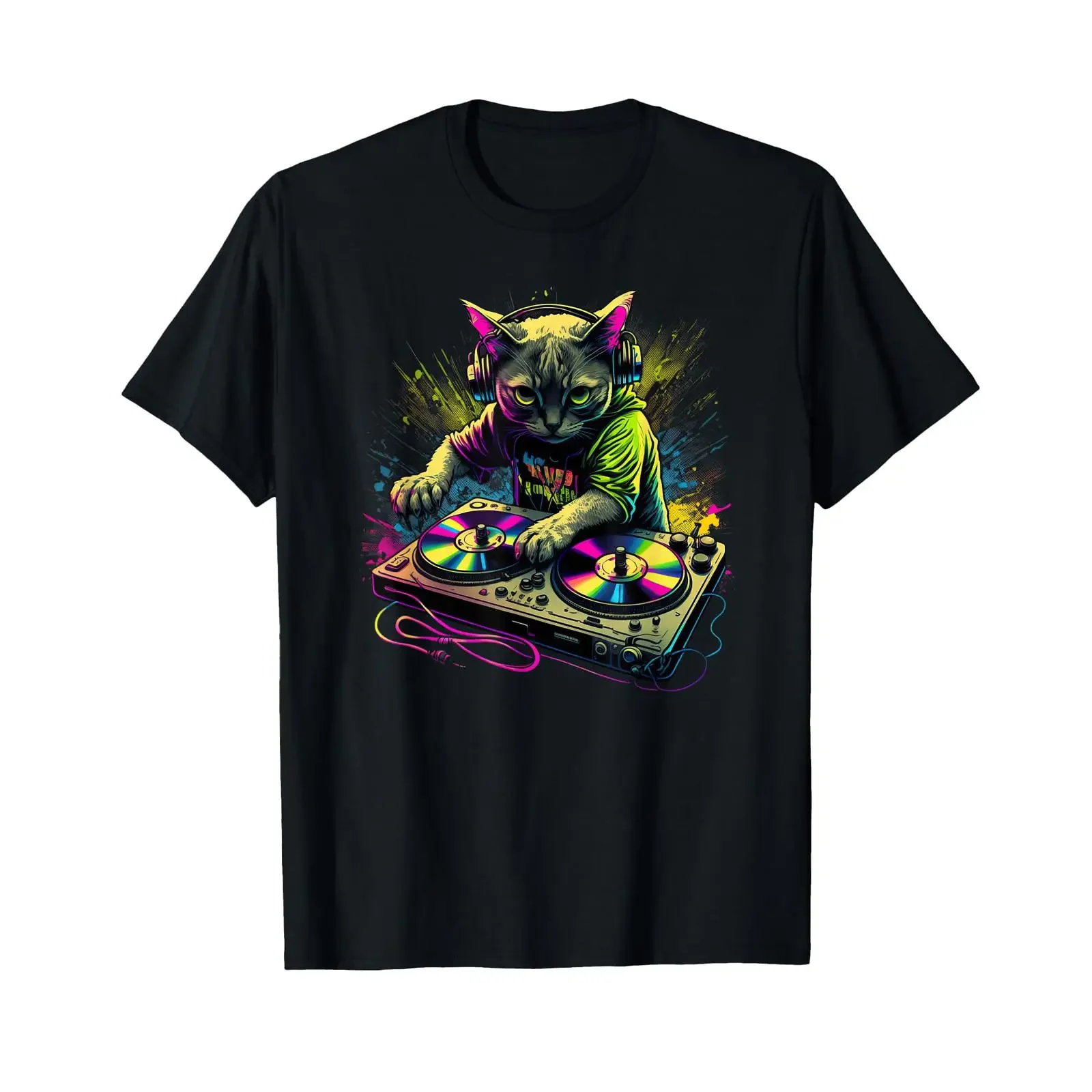 DJ Cat Disco Black Party T Shirt vintage Washed Stylish homme Top For Everyday Wear designer clothes fashion Slightly