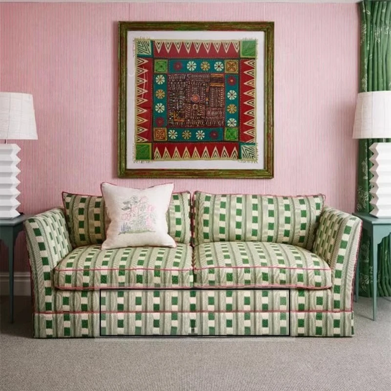 

French retro high back chair living room sofa American medieval green plaid designer straight row