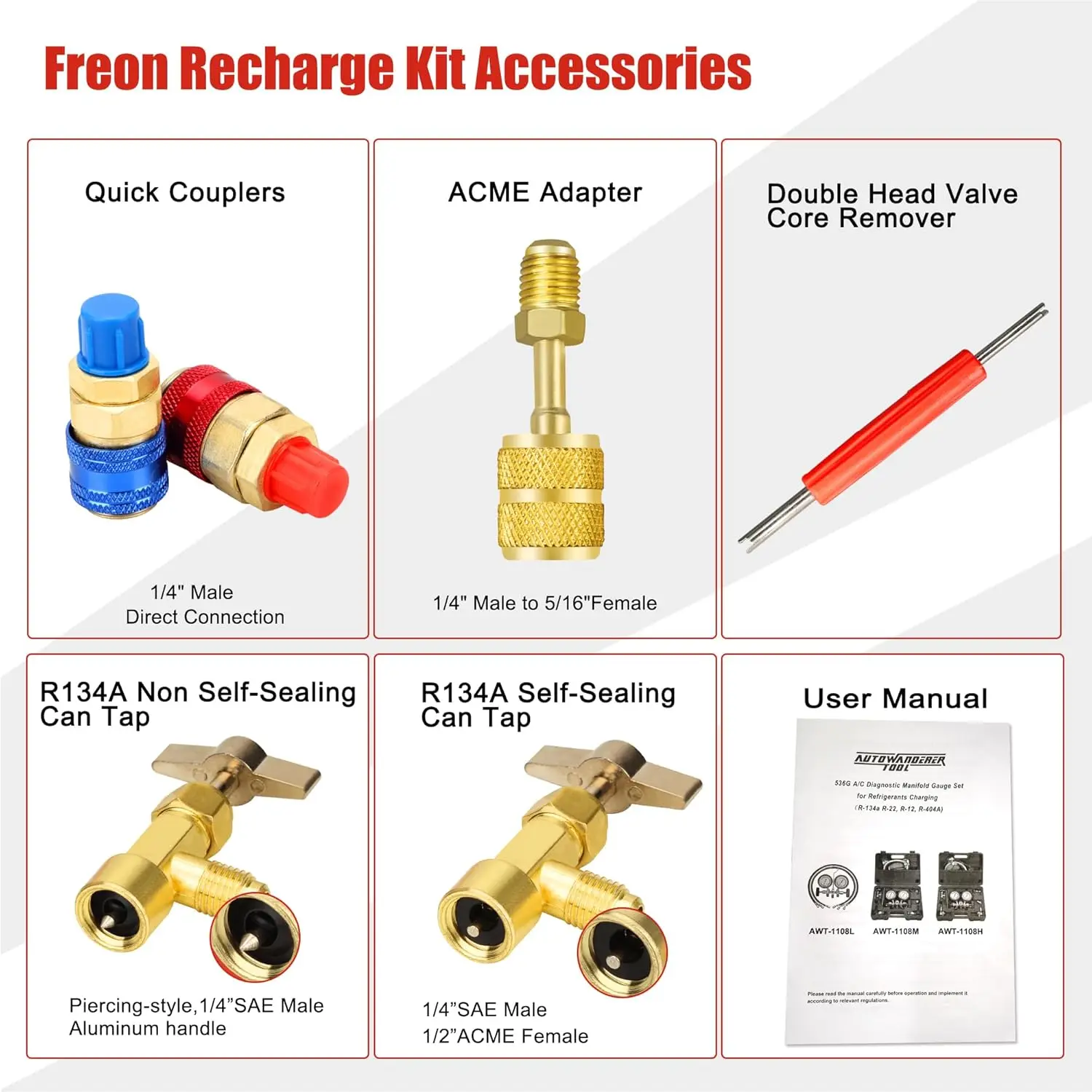 Juego de medidores de CA R134a con mangueras, acopladores y adaptador de 5 pies para R12 R22 R502, kit de carga por freón de CA para automóvil
