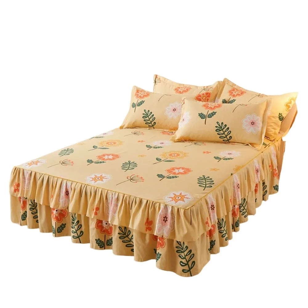 Dust-proof Double Lace Bed Skirt Three-piece Set Floral Printed 120/150/180CM 3in1 Bedsheet Set Thickening Bedsheet Pillowcase