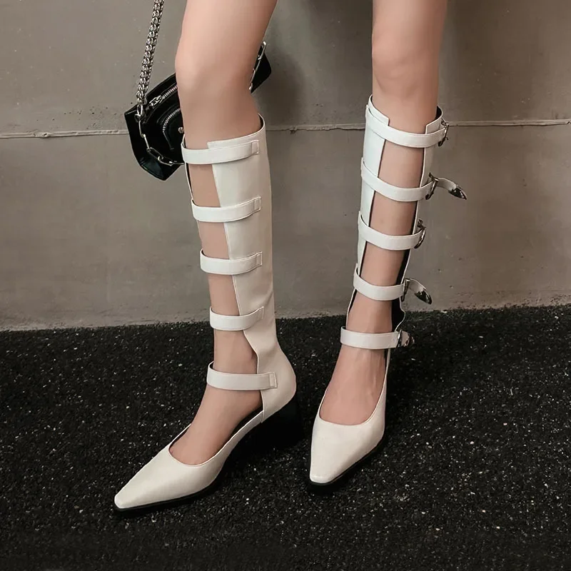 Square Toe Shallow Thick Heel Sandals Hollowing Out Lether Cool Boots Belt Buckle Zipper Middle Heels Large Size Women Shoes