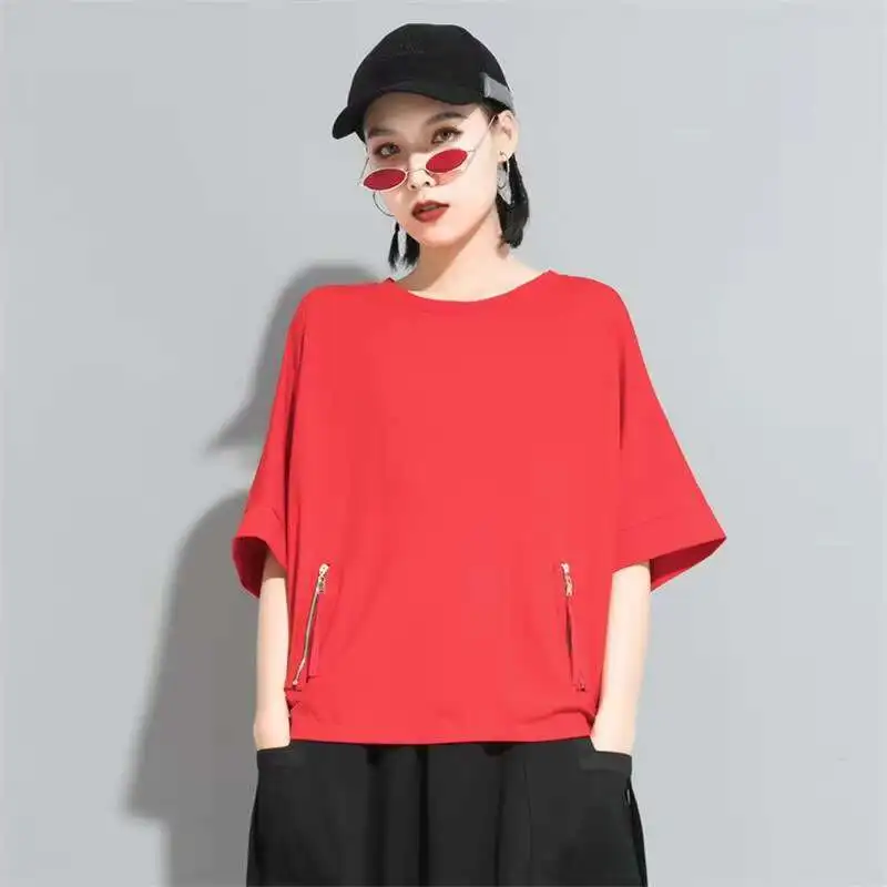 Women's Short Sleeve New Summer Round Collar Personality Down Zipper Design Fashion Loose Leisure Large Size Half Sleeve T-Shirt