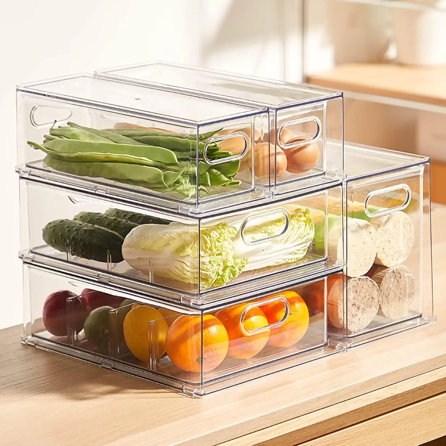 

4 pack Stackable Refrigerator Organizer Bins Pull-Out Drawers for Fruit and Veggies Storage Fridge Clear Drawer Containers