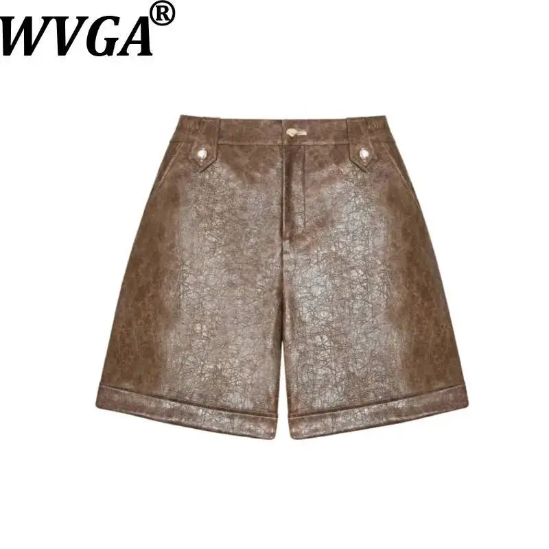 WVGA Spring Summer New Men's Vintage Fashionable Washed Distressed Trendy PU Shorts Niche Chic Casual Half Lengh Trousers W25855