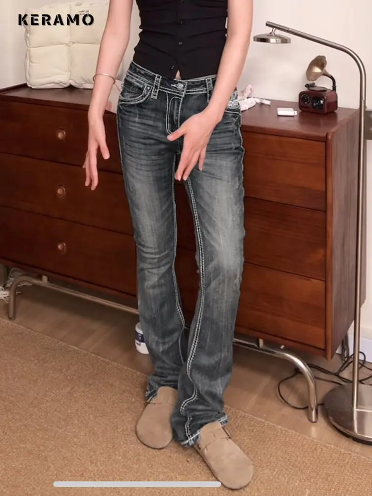 

Vintage Sheath Casual Punk Mop Pants For Women Skinny Washed Denim Trouser Aesthetic Street Y2K Slim Fit High Waisted Jeans