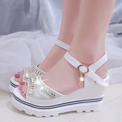 Sandalias de cuña elegantes para mujer, tacones altos con correa de hebilla de plataforma, cuñas romanas de cristal, sandalias de Punta abierta