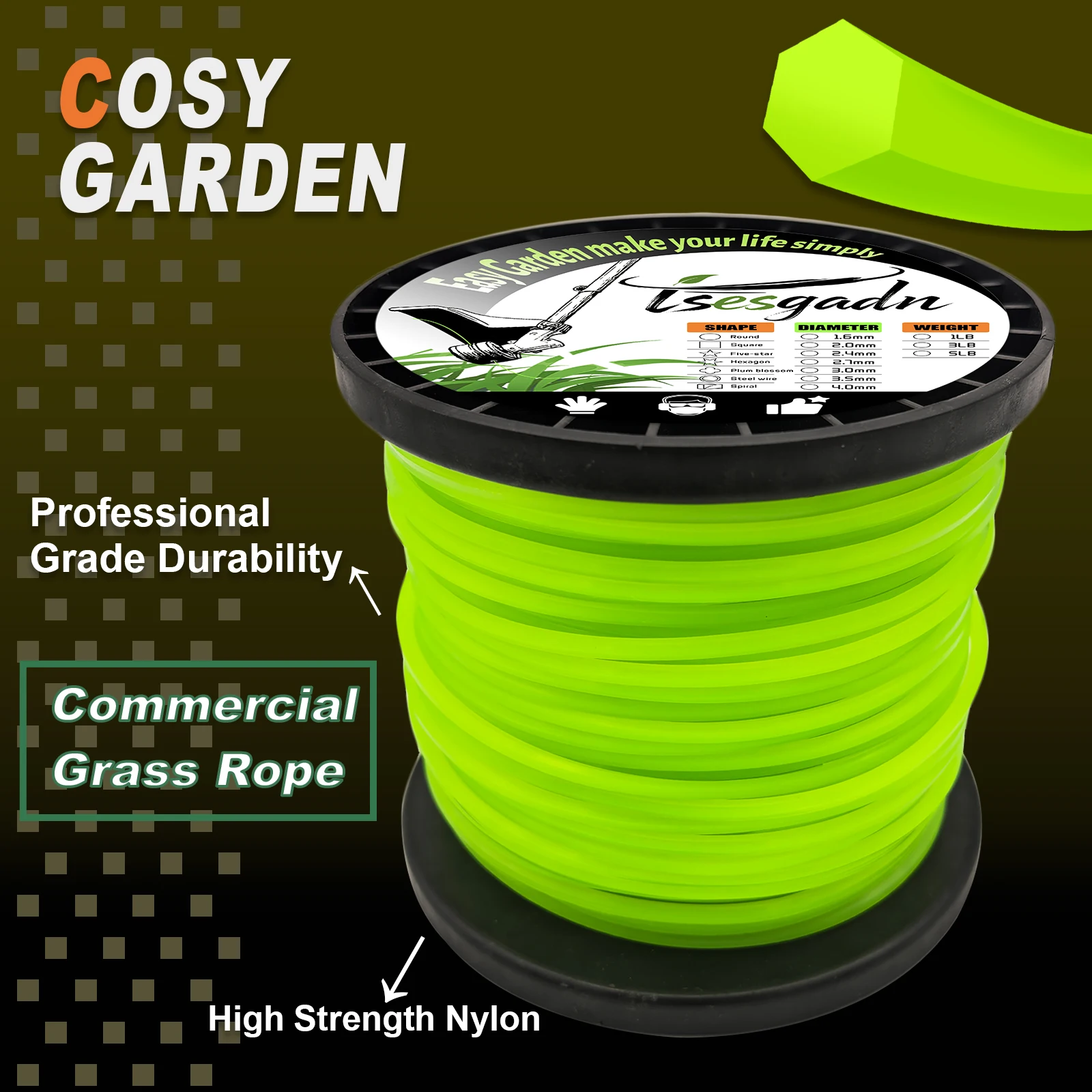 

Леска для триммера COSY 1LB, шестигранная, 3.0 мм, профессиональная, усиленная, нейлоновая, зеленая, на катушке