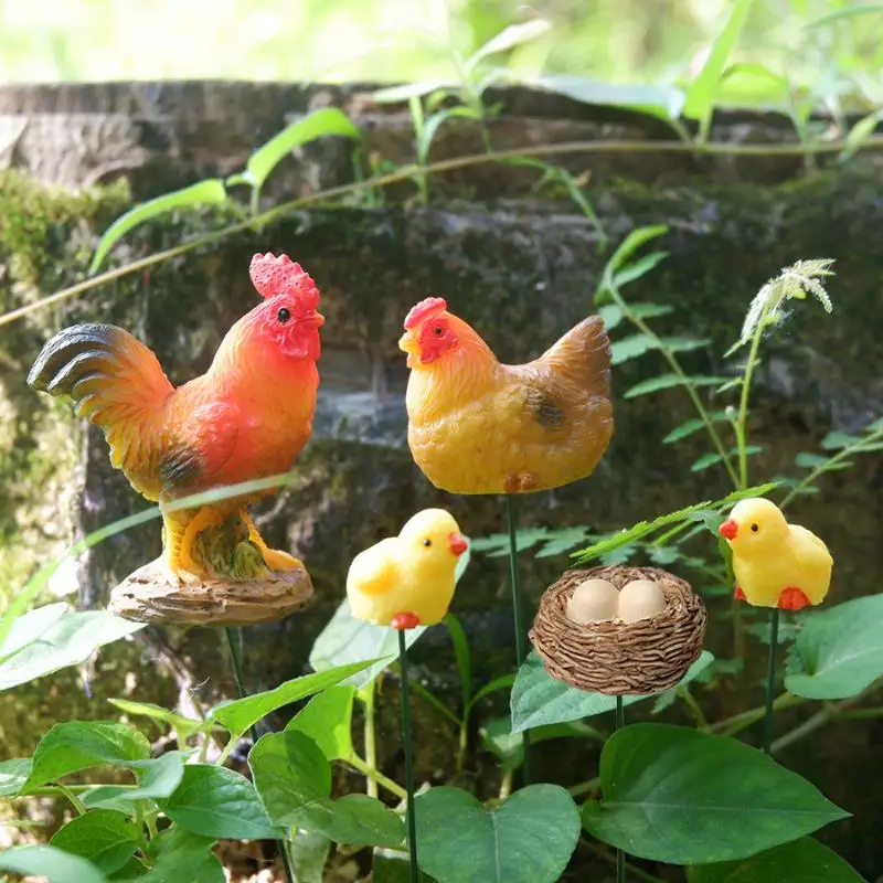 Mini Resin Chicken Family Figurines Miniature Ornaments Realistic Design for Outdoor Yard Garden Bonsai Decoration