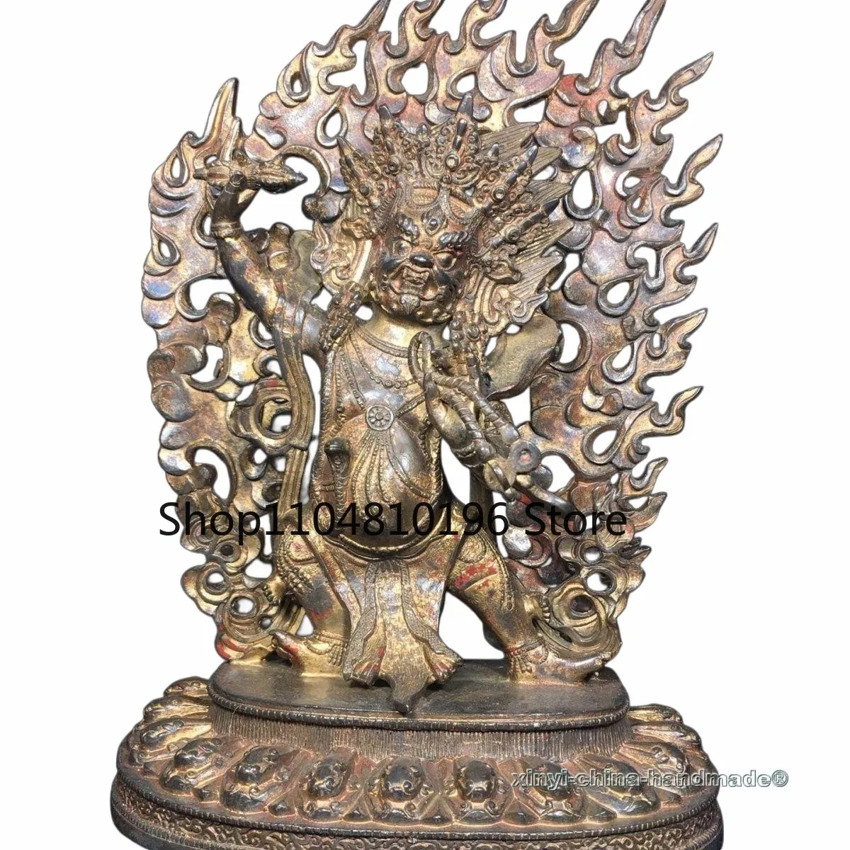 Big Antique Gilded Bronze Vajrapani Statue Tibet Guardian Buddha Flame Backlight