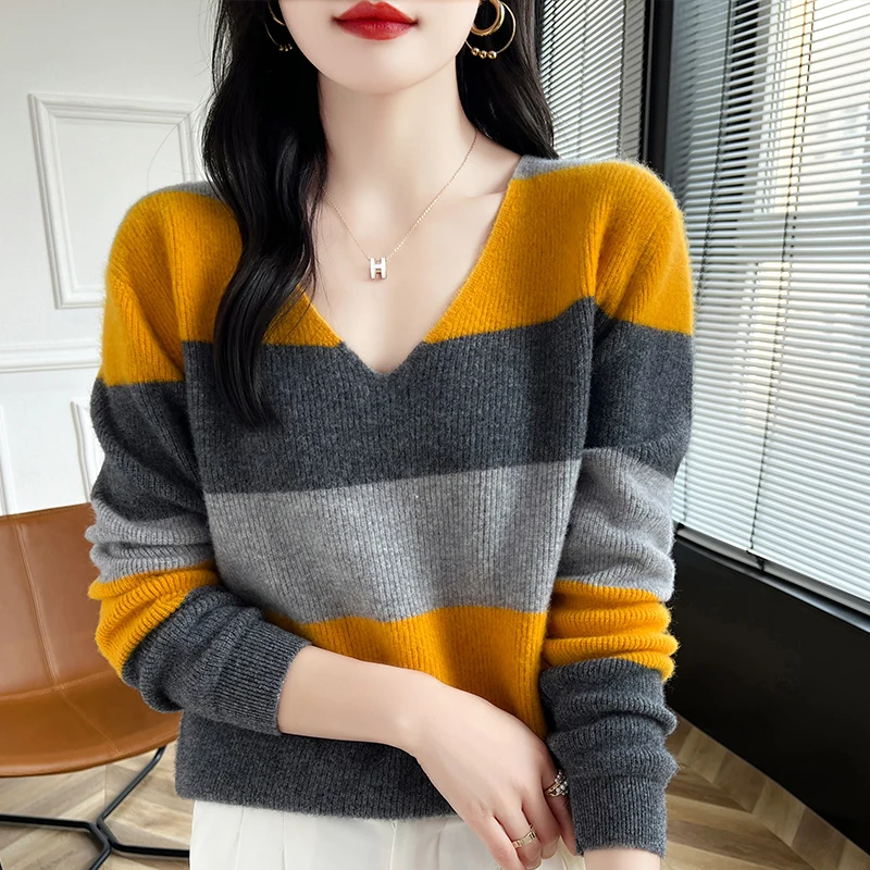 

Autumn and winter new color matching Merino wool pullover cashmere sweater women's V-neck pullover warm bottom knit shirt top