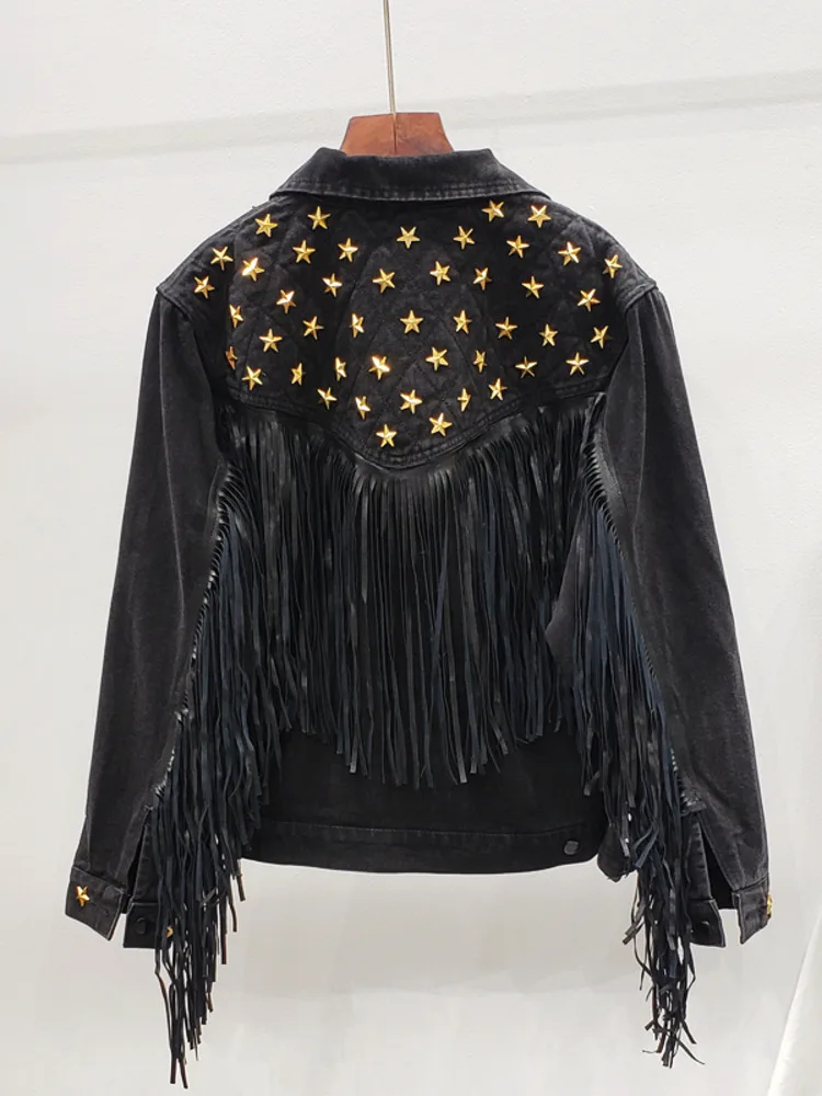 Denim Women Jacket 2023 Autumn New Spring Vintage Star Rivet Suede Fringe Loose Coat Long Sleeve Outerwear Female Boho Jacket