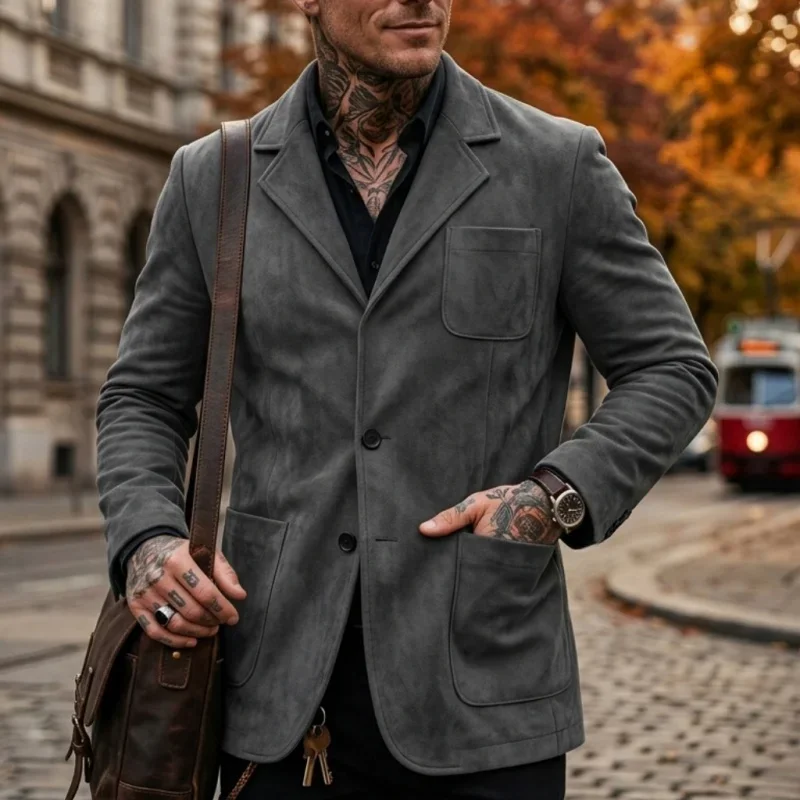 Neue Herbst/Winter Herren Leichte Wildlederjacke Business Casual Streetwear Pendler-Mantel Einfarbige Büro-zu-Straßen-Oberbekleidung für Männer – Detail 7