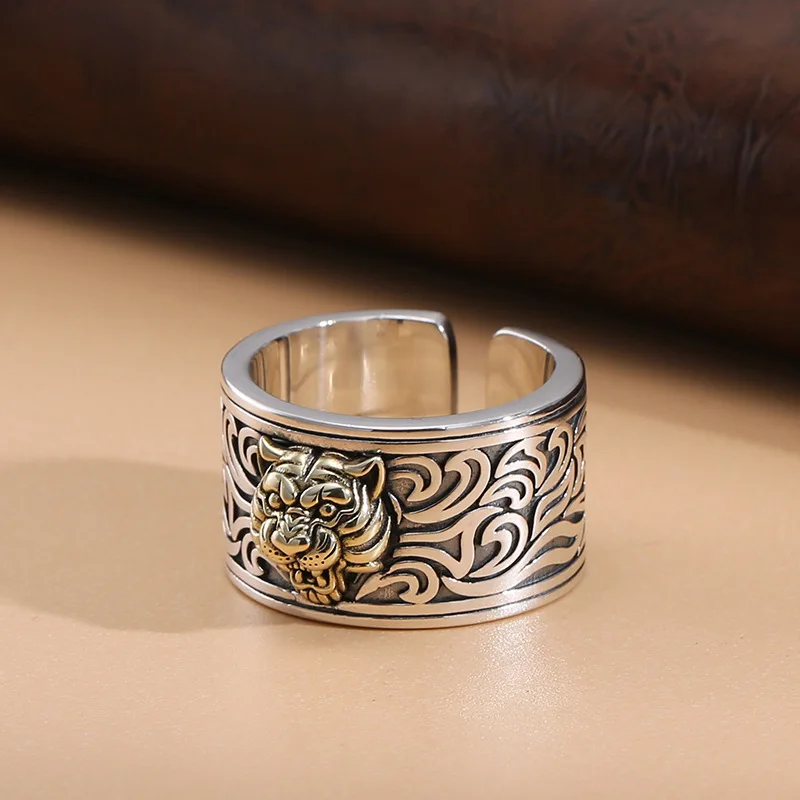 

925 Sterling Silver China-Chic Tiger Head Ring for Men's Index Finger Ring of the Year of Birth; Minority Design Ethnic Style Je