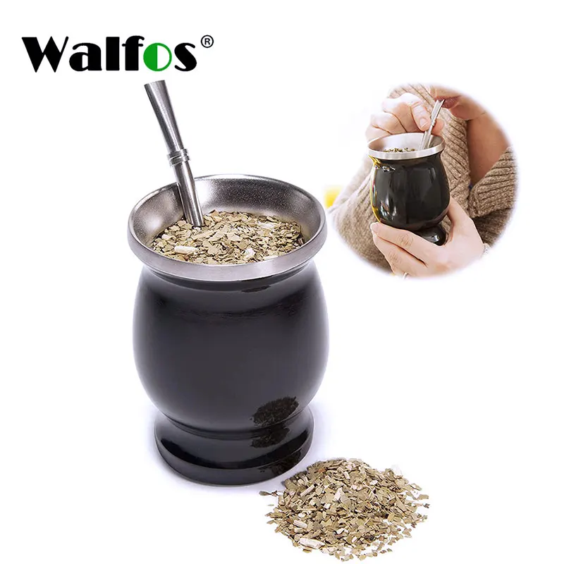 

Walfos 1Pcs Natural Gourd Tea Cup Set 8 Ounces Bombillas Yerba Mate Straw Cleaning Brush Stainless Steel Double-Walled Milk Mug