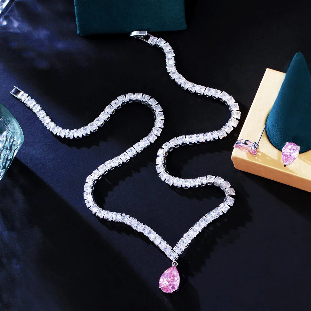 Pera Sweet Pink CZ Crystal Water Drop Pendant Wedding Necklace Earrings Sets for Women Clothing Party Jewelry Accessories J496