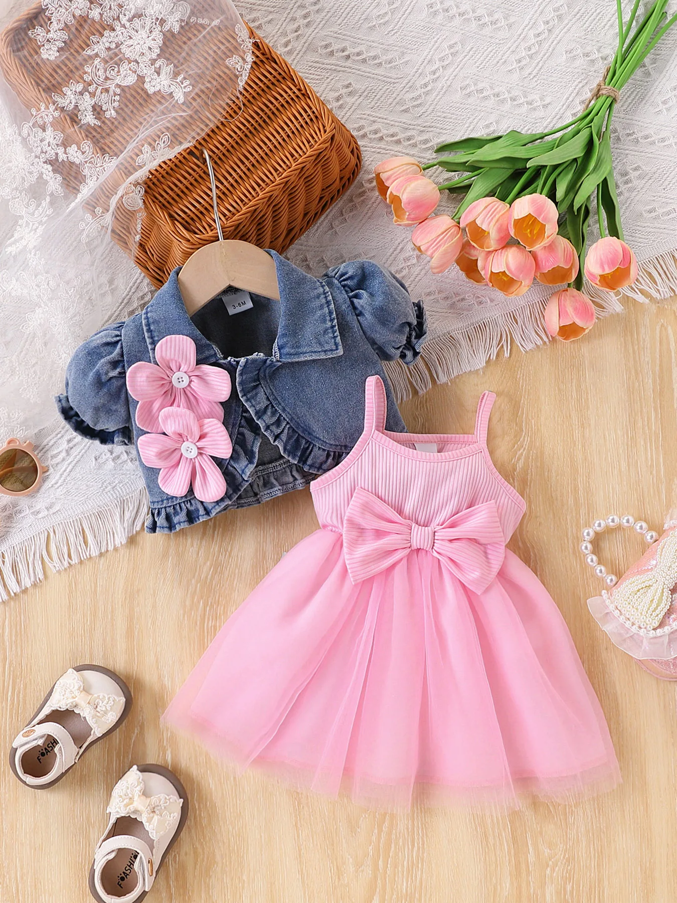 Baby Girl Denim Jacket + Pink Bow Tulle Skirt Set, Cute Floral Mix-And-Match Outfit for Party, Birthday, Photoshoot, and Everyday Wear