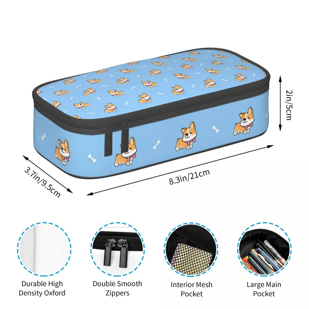 Blue Corgi Pattern Pencil Case for Boys Girls Gifts Pen Box Pencil Bag Stationery Supplies Pen Holder Bag