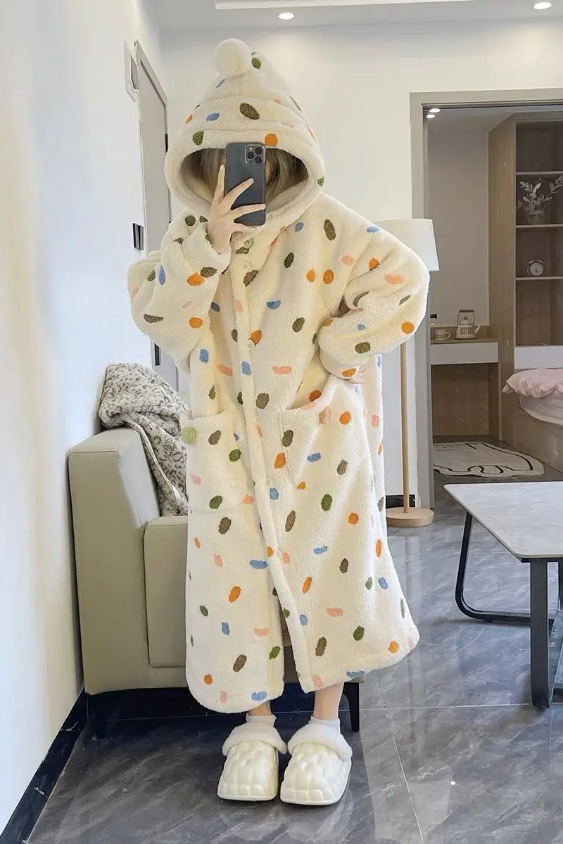 Autumn Winter Fashion Women\'s Casual Lovely Flower Sweet Girl Warm Soft Sleepwear Loose Pajamas With Pants Flannel Pullover Robe