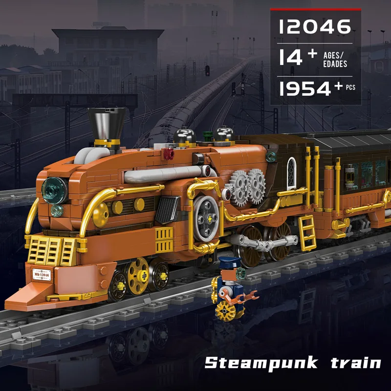 

Новые технические MOC, комплекты строительных блоков для поезда в стиле стимпанк, дистанционное управление, Power Mold King 12046, железнодорожные игрушки для взрослых и детей