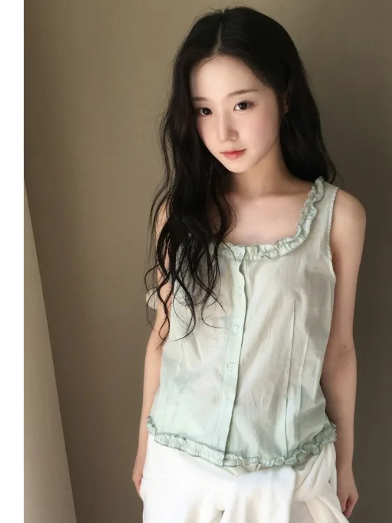Chic Sweet Wood Grain  Strap Top Women's Summer Slimming Vest Inner Wear Tank Top Short Length Fashion Element