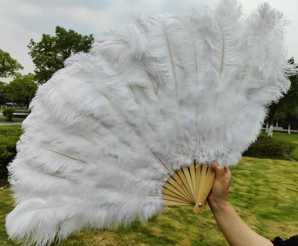 Handheld Big White Ostrich Feather Fan 100CM 130CM Feathers for Carnival Stage Performance Belly Dance 13 Bone Crafts Fan view 2