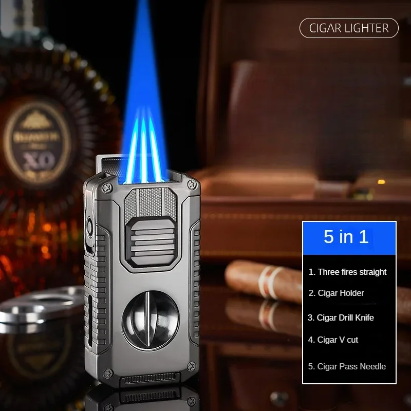 Multifunctional Three-jet Flame Direct Injection Cigar Lighter with Built-in V-shaped Cigar Cutter Portable Five-in-one