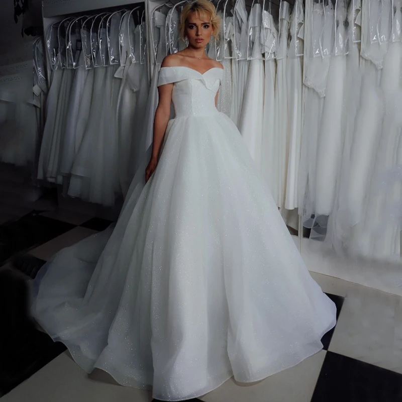 

Off Shoulder Sleeveless Pleated Lace Up A-Line Sparkle Tulle Wedding Dress Bridal Gown Vestido De Noiva