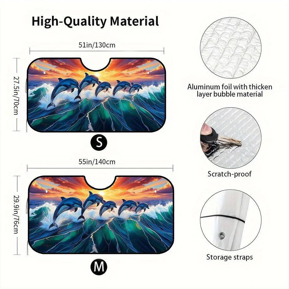 1pc Ocean Dolphin Jumping Wave Print Car Windshield Sun Shade - Foldable Front Sun Visor With UV Protection & Heat Reduction, Du