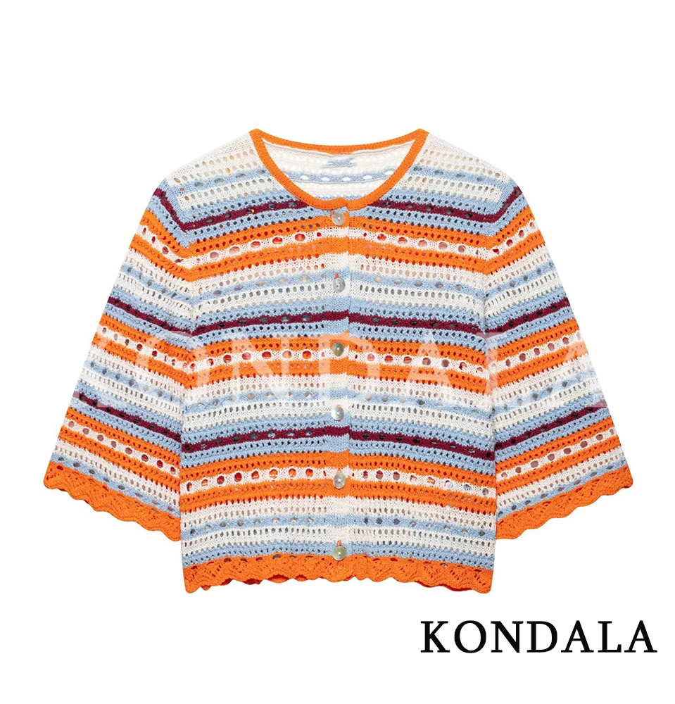 KONDALA Women Summer Beach Holiday Cardigan Trendy Colored Stripe Knitting Hollow Out Tops 2026 Fashion High Street Party Tops