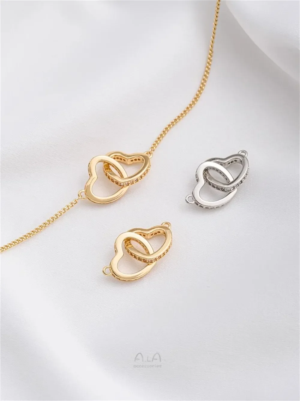 14K Gold-Color Love Heart Necklace Pendant Heart To Heart Interlocking Double Peach Heart DIY Charms Pendant K593