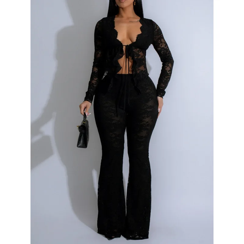

Pant Set Women Two Piece Sets V Neck Full Sleeve Lace Sheer Flare Long Pants Elastic Waist Y2k Streetwear Party Night Sexy 2026