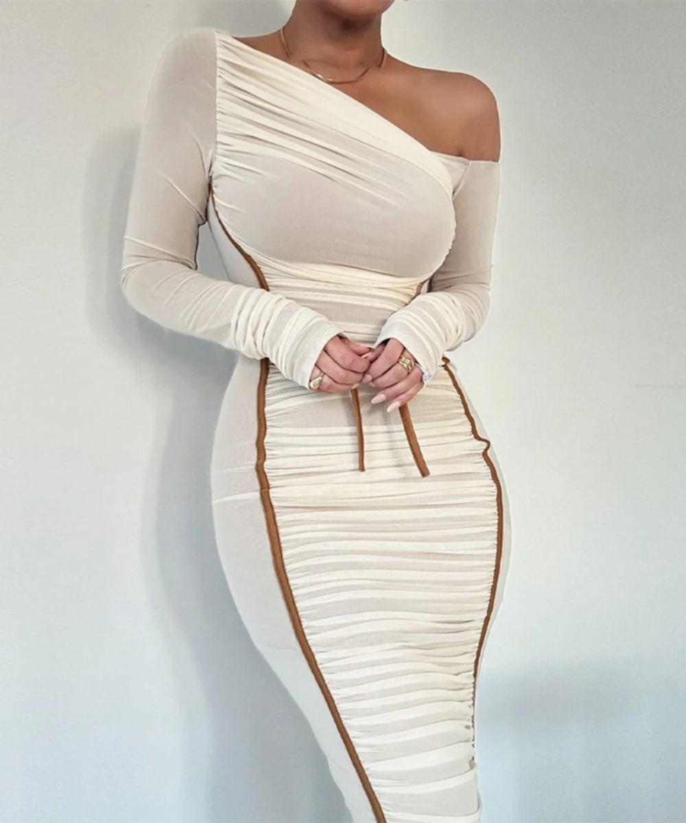 Nouvelle robe mi-longue pour femme à col asymétrique et manches longues avec empiècements en maille, robe plissée tendance, robe de soirée pour anniversaire